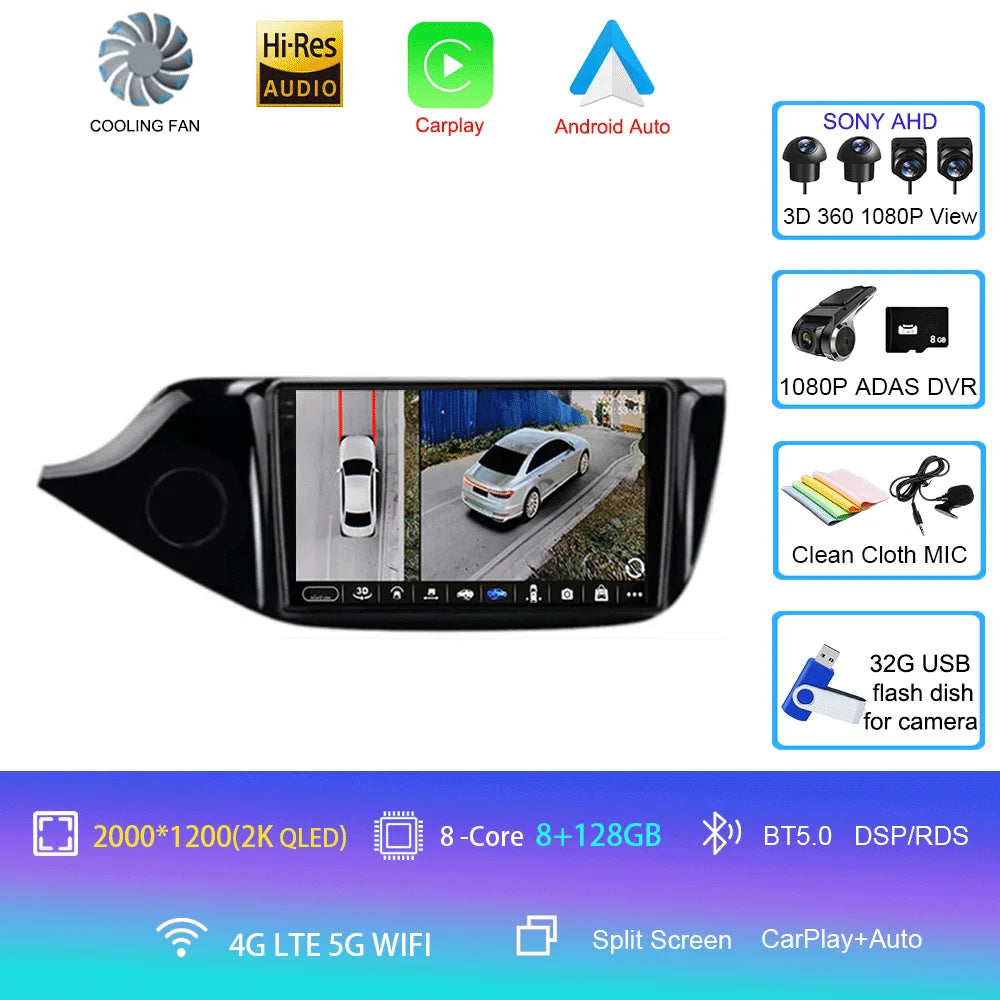 Android 14 Carplay Car Radio For Kia Ceed Cee'd 2 JD 2012-2018 Navigation GPS Multimedia Player WiFi+4G stereo BT 360 Camera DSP