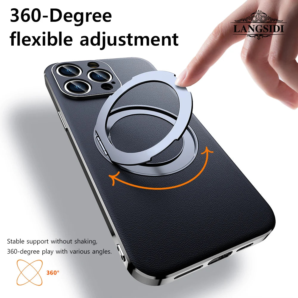 LANGSIDI leather Magnetic Ring Holder phone case For iPhone 15 13 12 14 Pro Max Wireless Charging lens Protective magsafe cases
