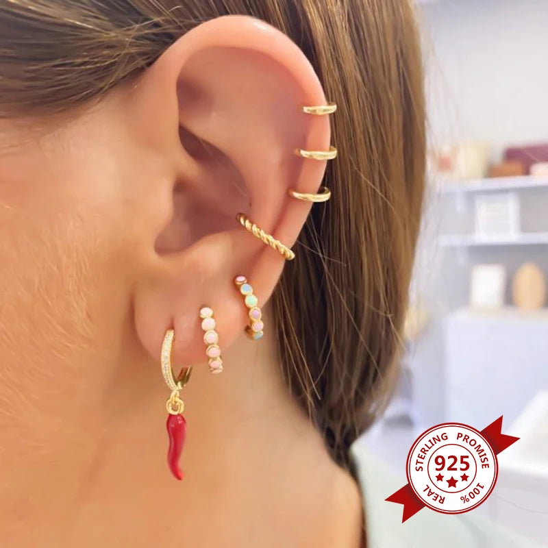 925 Sterling Silver Ear Needle Fashion Rose Red Hoop Earrings for Women Red Enamel Star/Heart Pendant Earrings Luxury Jewelry