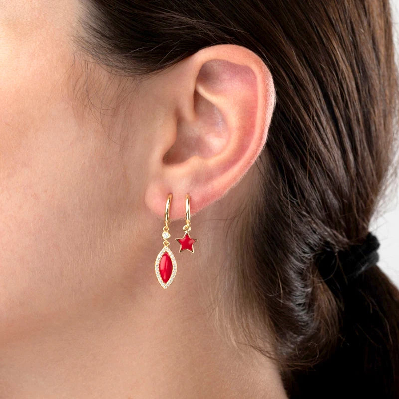 925 Sterling Silver Ear Needle Fashion Rose Red Hoop Earrings for Women Red Enamel Star/Heart Pendant Earrings Luxury Jewelry
