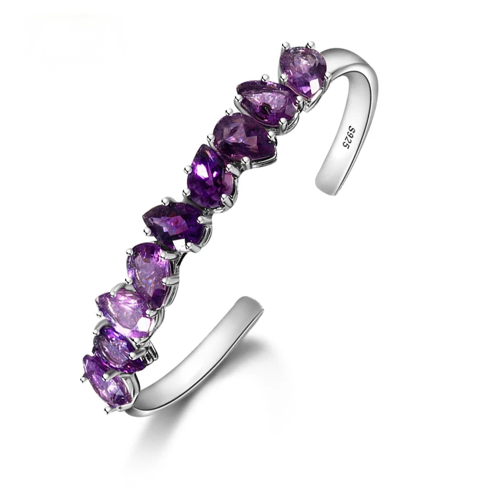 925 Sterling Silver Adjustable Bangle for Women Water Drop Pear Amethyst Bracelet Purple Wedding Party Fine Jewelry Gift