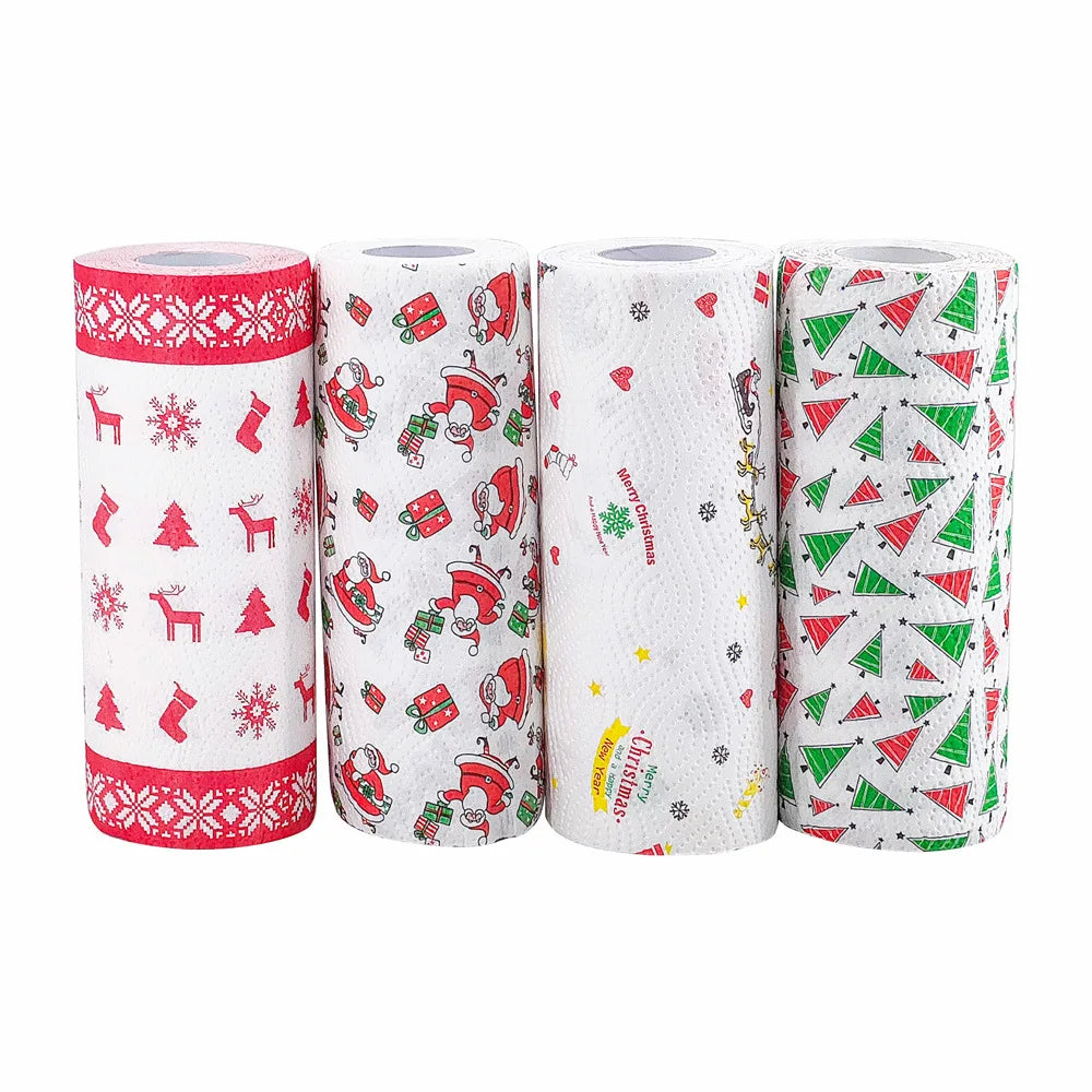 4Pcs Christmas Kitchen Paper Towels, Thick Three-Layer Roll Paper, Disposable Kitchen Cleaning Wet and Dry Dual-Use Household Thick Roll Paper, Disposable Kitchen Paper Towels, Washable Wet and Dry Dual-Use, Cleaning Supplies