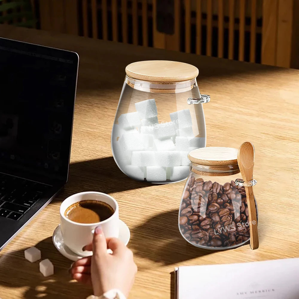 1/3pcs Transparent Glass Jars With Bamboo Lid Hermetic Pot Coffee Tea Sugar Food Storage Box Coffee Containers Kitchen Organizer