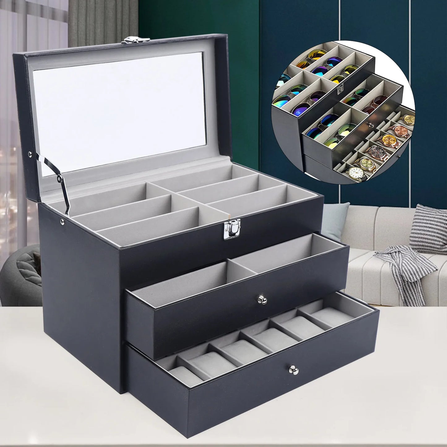 9/15/24 Grid Jewelry Collection Storage Holder Box Leather Watch Glasses Display Case Sunglasses Storage Holder