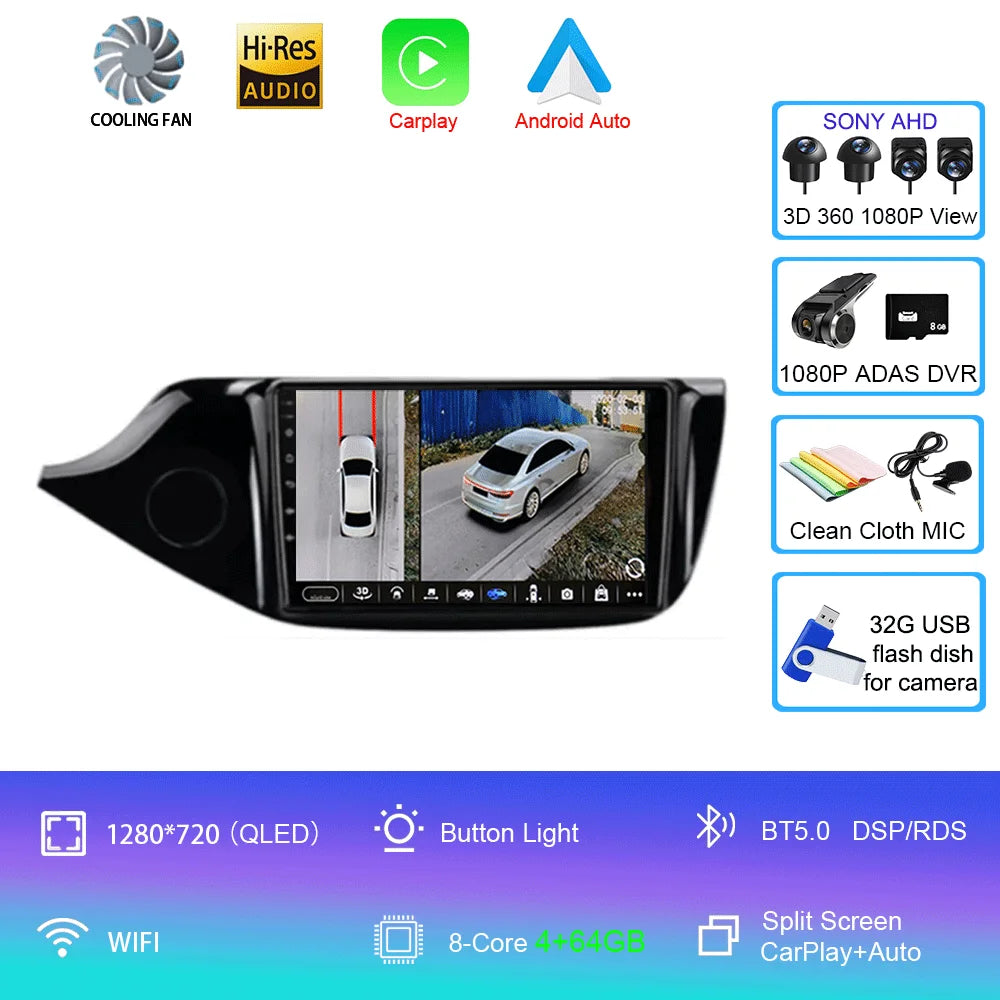Android 14 Carplay Car Radio For Kia Ceed Cee'd 2 JD 2012-2018 Navigation GPS Multimedia Player WiFi+4G stereo BT 360 Camera DSP
