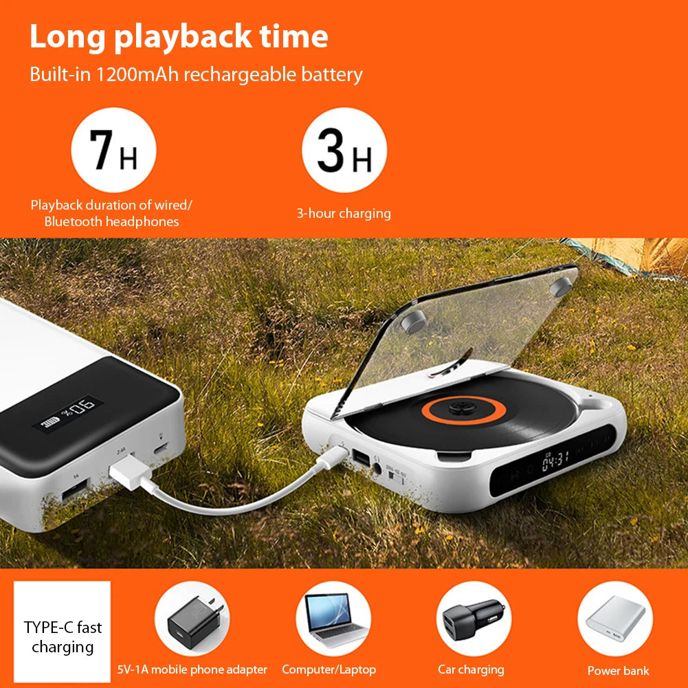 CD Player A-B Repeat Bluetooth-Compatible CD Player USB AUX Playback Car CD Player Memory Function 1200 MAh Battery for Home Car