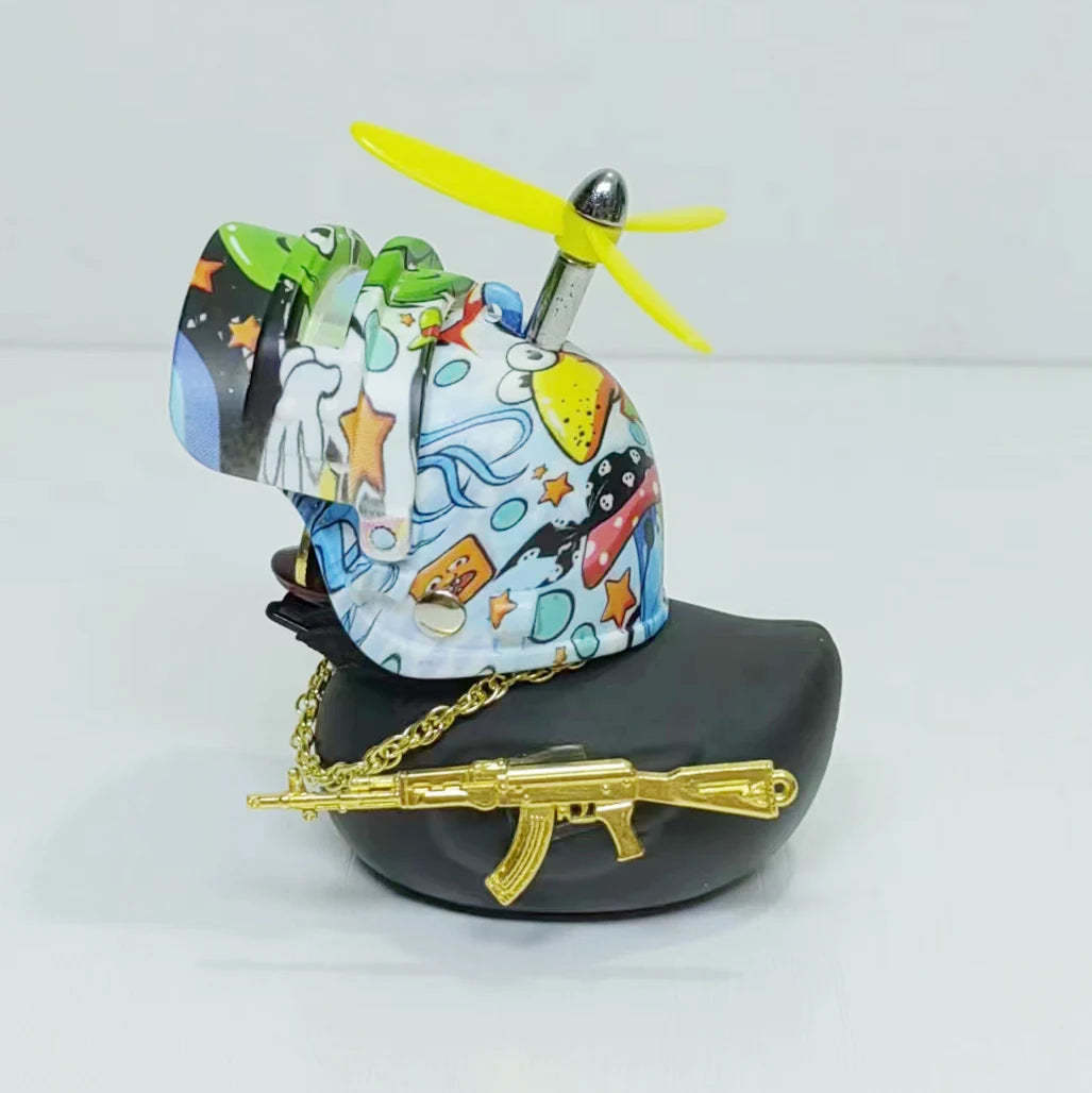 Black Rubber Duck Car Duck With Weapon Helmet Propeller Broken Wind Duckling Bike Motor Riding Cycling Decoration Accessories
