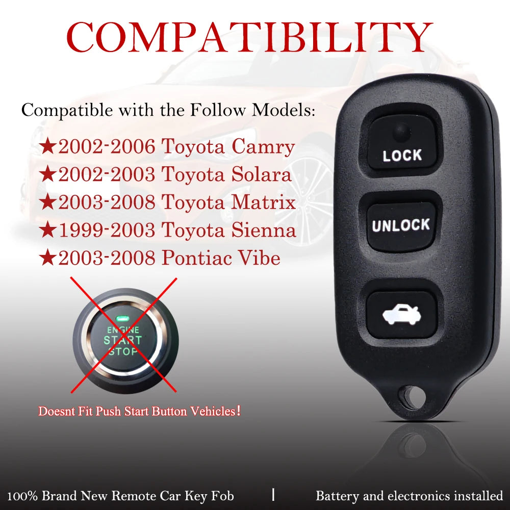2 pcs For 2002 2003 2004 2005 2006 Toyota Camry Pontiac Vibe Car Remote Keyless Entry Key Fob GQ43VT14T
