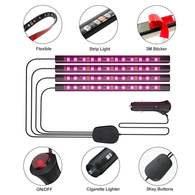 Car Interior Ambient Foot Light Neon LED Strip Light With Remote Music App Control Auto RGB LED Light Kit Accessories