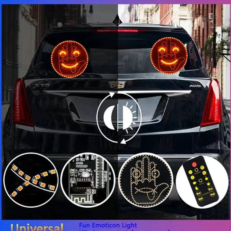 1pc Expression Fun Gesture LED Car Rear Windshield Display Sign, Round Light-up Emoticon Message Board with Remote Car Lights