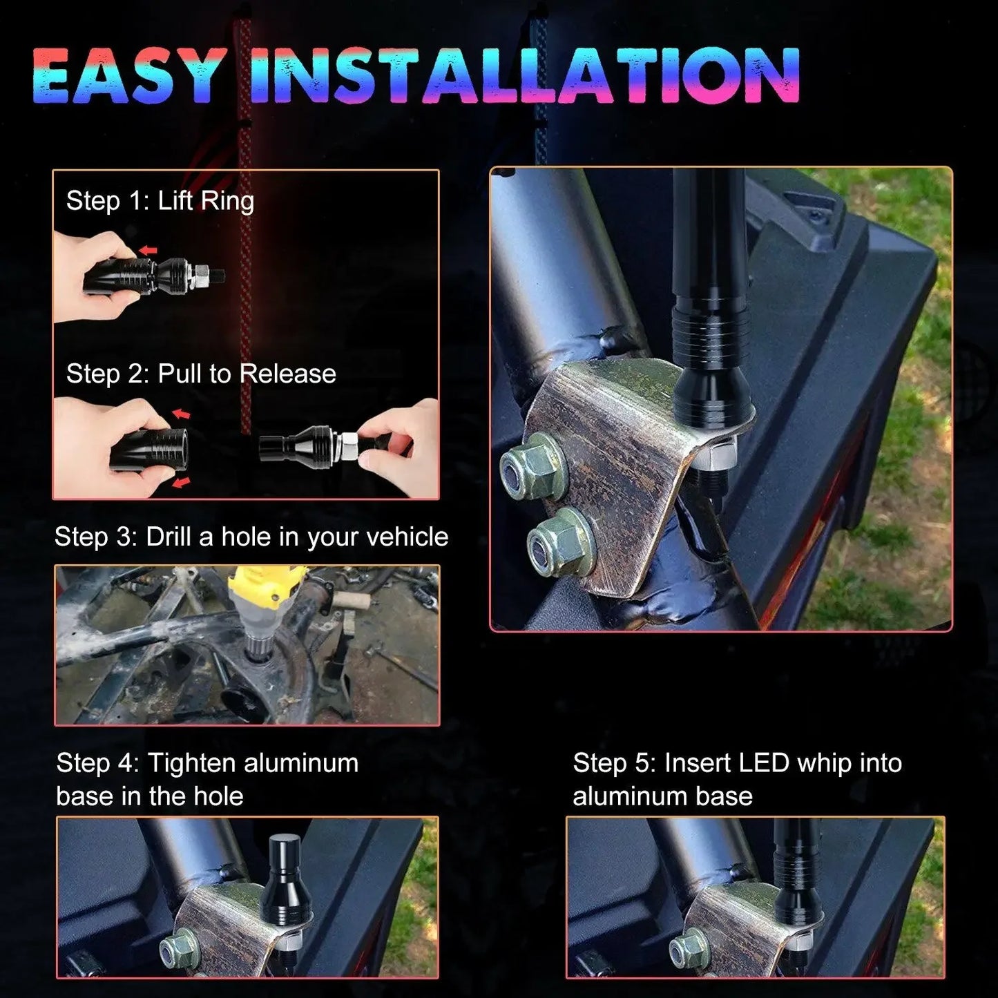 2PCS LED Whip Lights APP Control Flagpole Antenna Whips APP RGB Lamp for UTV, ATV Off Road Truck Sand Buggy Dune RZR
