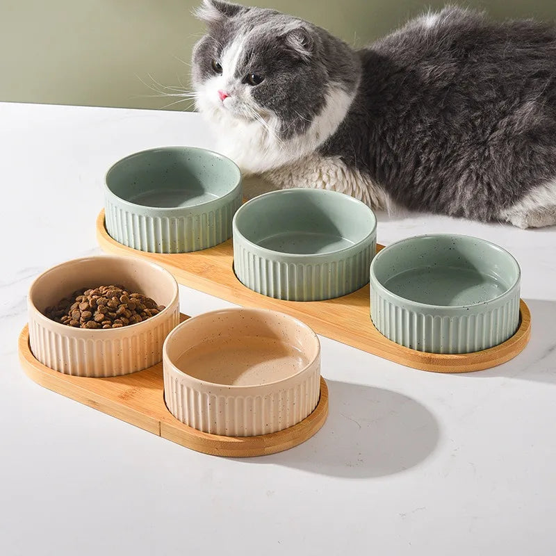 850 Ml Dogs and Cats Ceramic Bowl Double Triple Cat Food Wood Pallet Water Bowl Large Capacity Pet Drinking Water Feeder