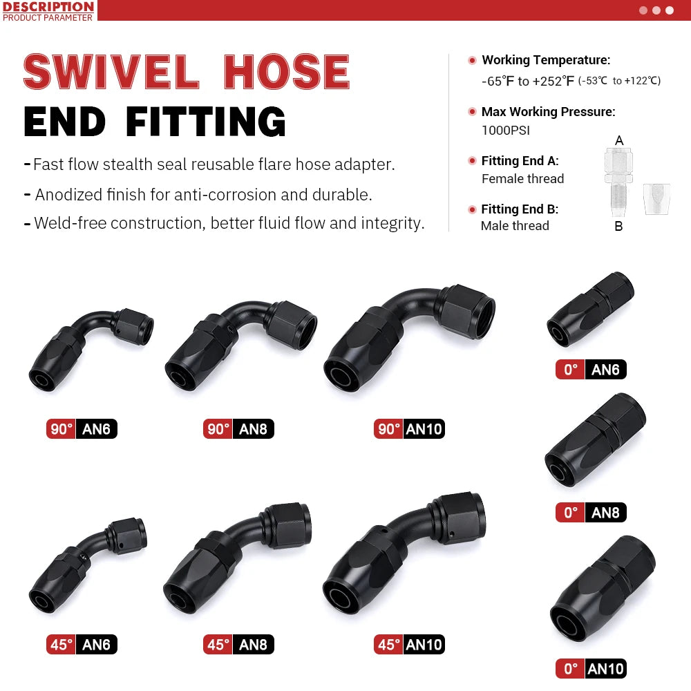 1 Pieces Oil Hose End Adaptor Kit Oil Fuel Swivel Hose End Fitting AN4 AN6 AN8 AN10 Straight 45 90 180 Degree