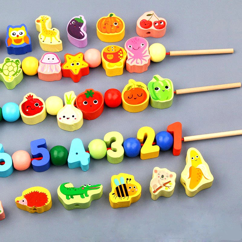 9/36pcs Wooden Toys Baby DIY Toy Cartoon Fruit Animal Stringing Threading Wooden beads Toy Monterssori Educational for Kids