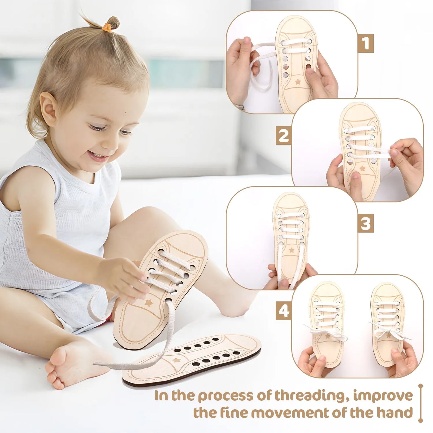 Wooden Lacing Shoe Toy Learn to Tie Laces Creative Threading Toys Practice Tying Shoelaces Boards Educational Montessori Toys