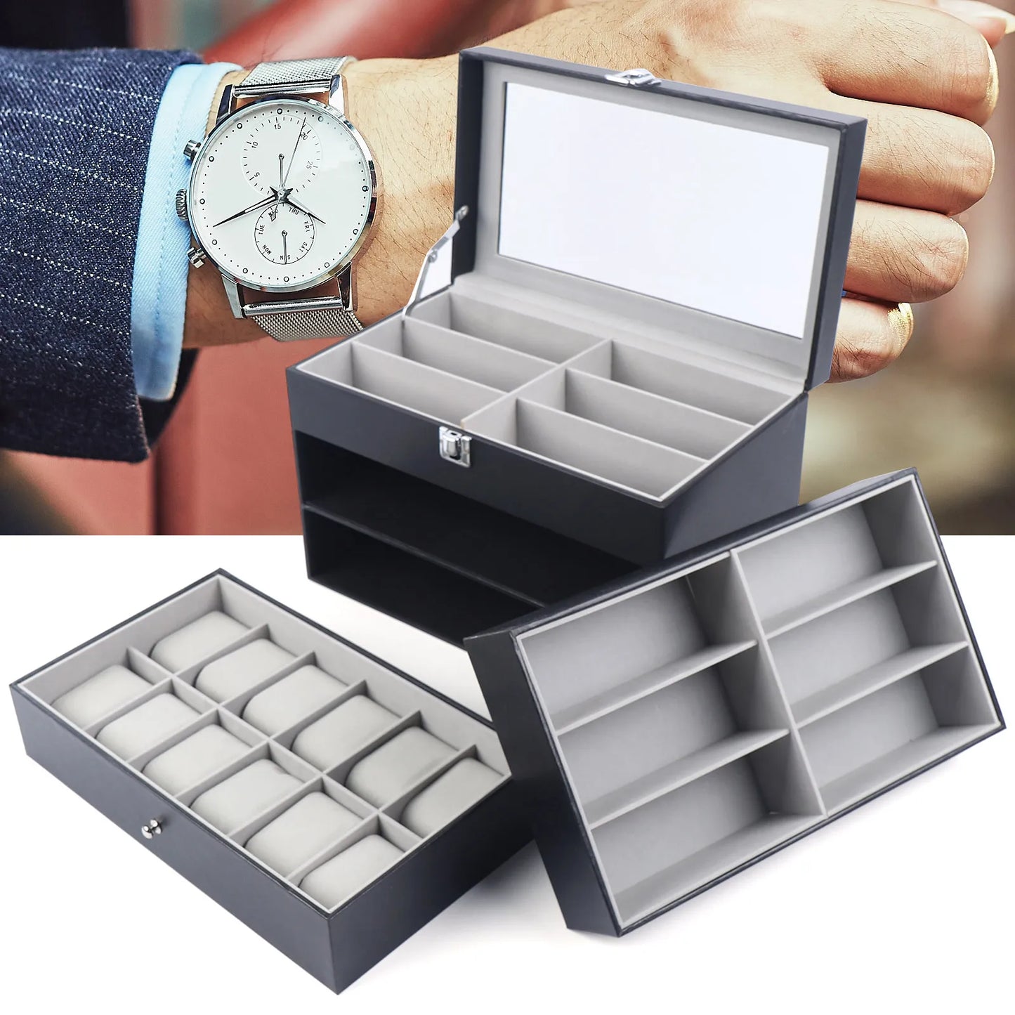 9/15/24 Grid Jewelry Collection Storage Holder Box Leather Watch Glasses Display Case Sunglasses Storage Holder