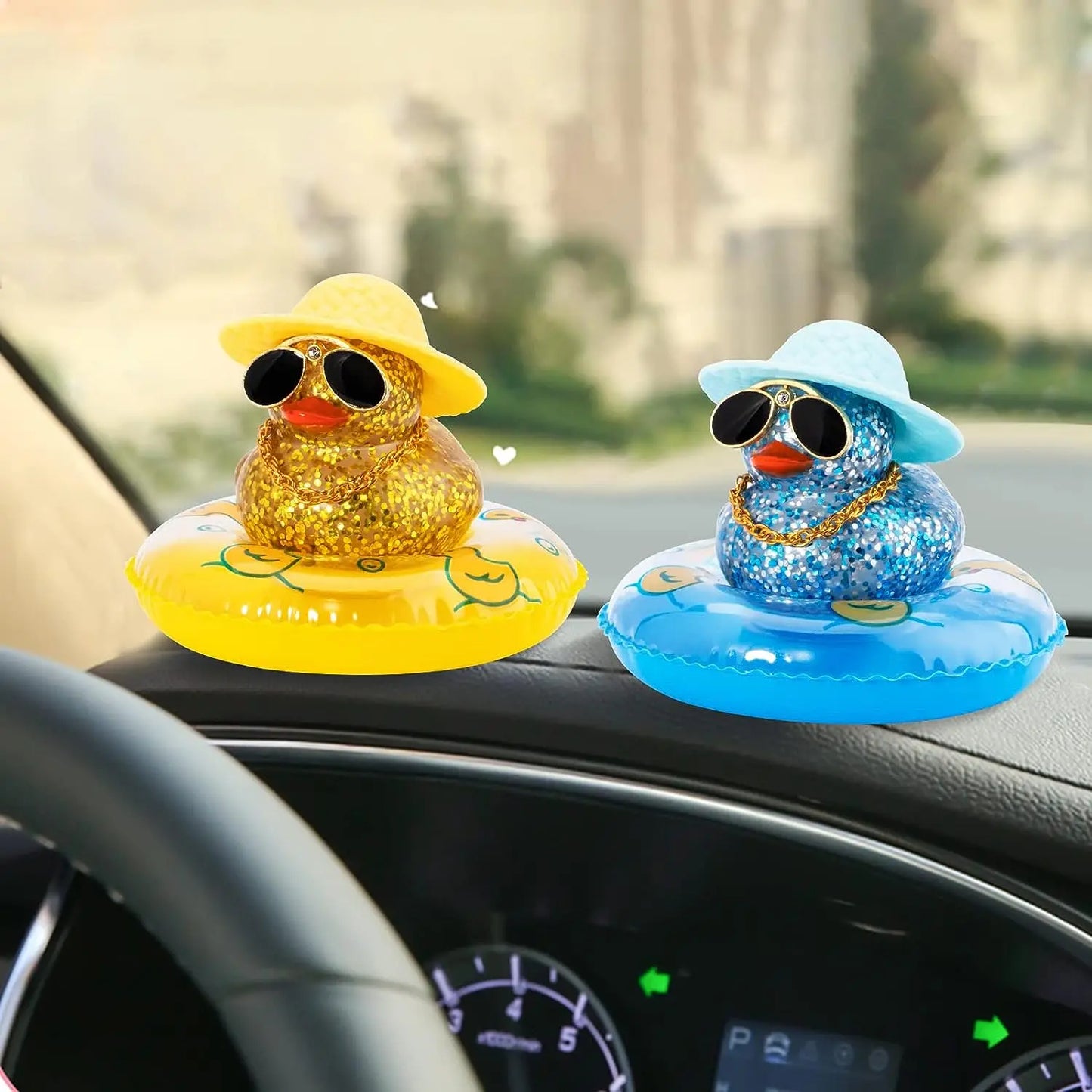 Car Duck Ornament Dashboard Decorations Rubber Duck Car for Car Dashboard Accessories with Swim Ring Sunglasses Hat and Necklace