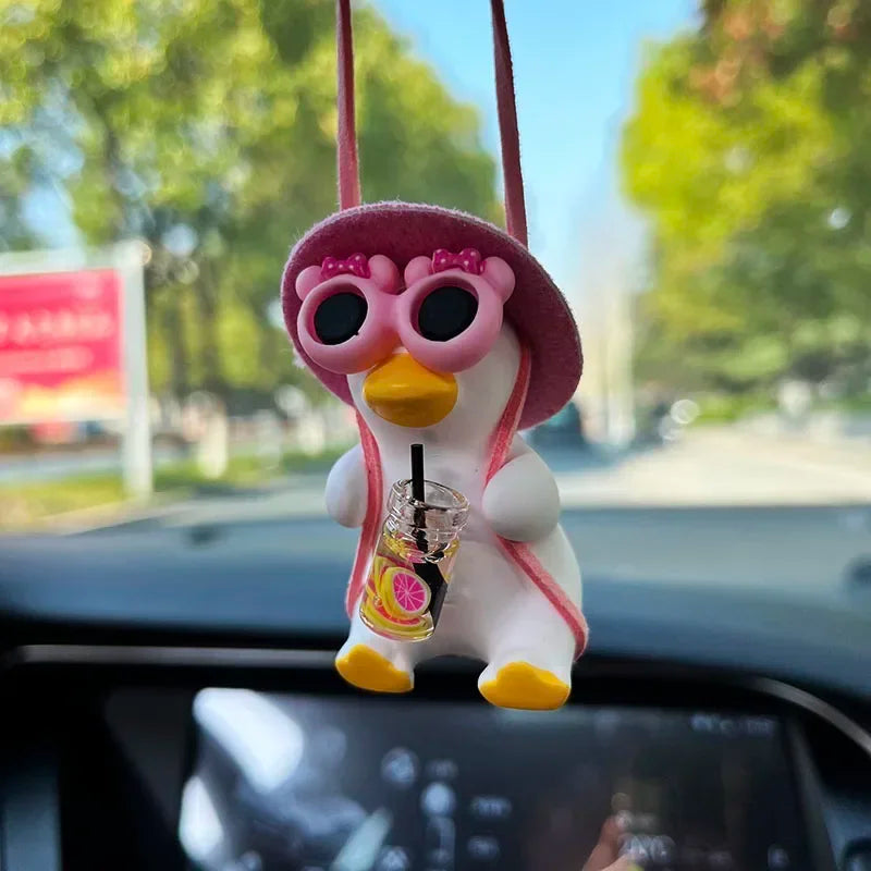 Anime Pink Swing Duck Car Decoration Pendant Cute Auto Rearview Mirror Hanging Ornament For Women Car Ineriror Accessories