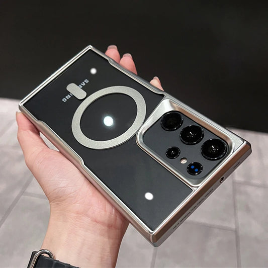 Luxury Plating Transparent Magnetic Wireless Charge Case For Samsung  S24 Ultra S23 S22 Acrylic Hard Shockproof Protection Cover