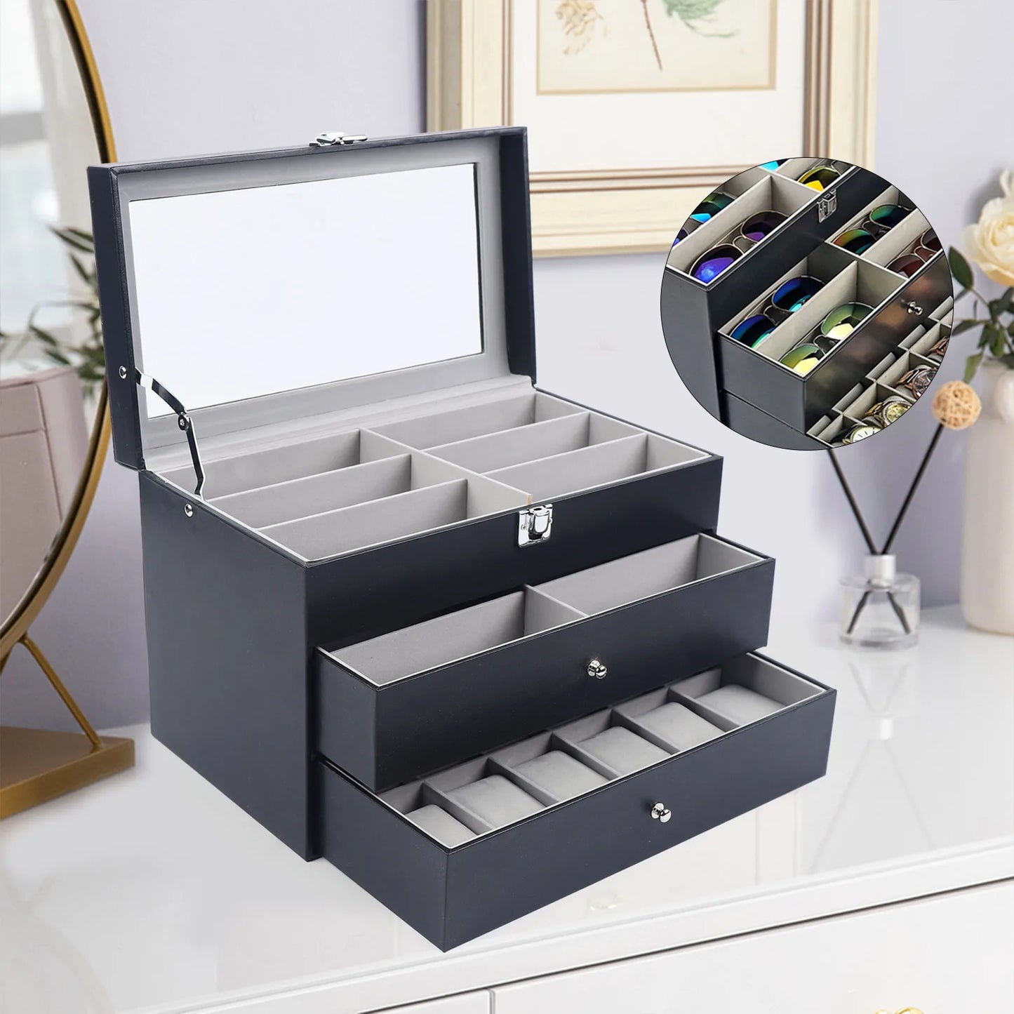 9/15/24 Grid Jewelry Collection Storage Holder Box Leather Watch Glasses Display Case Sunglasses Storage Holder
