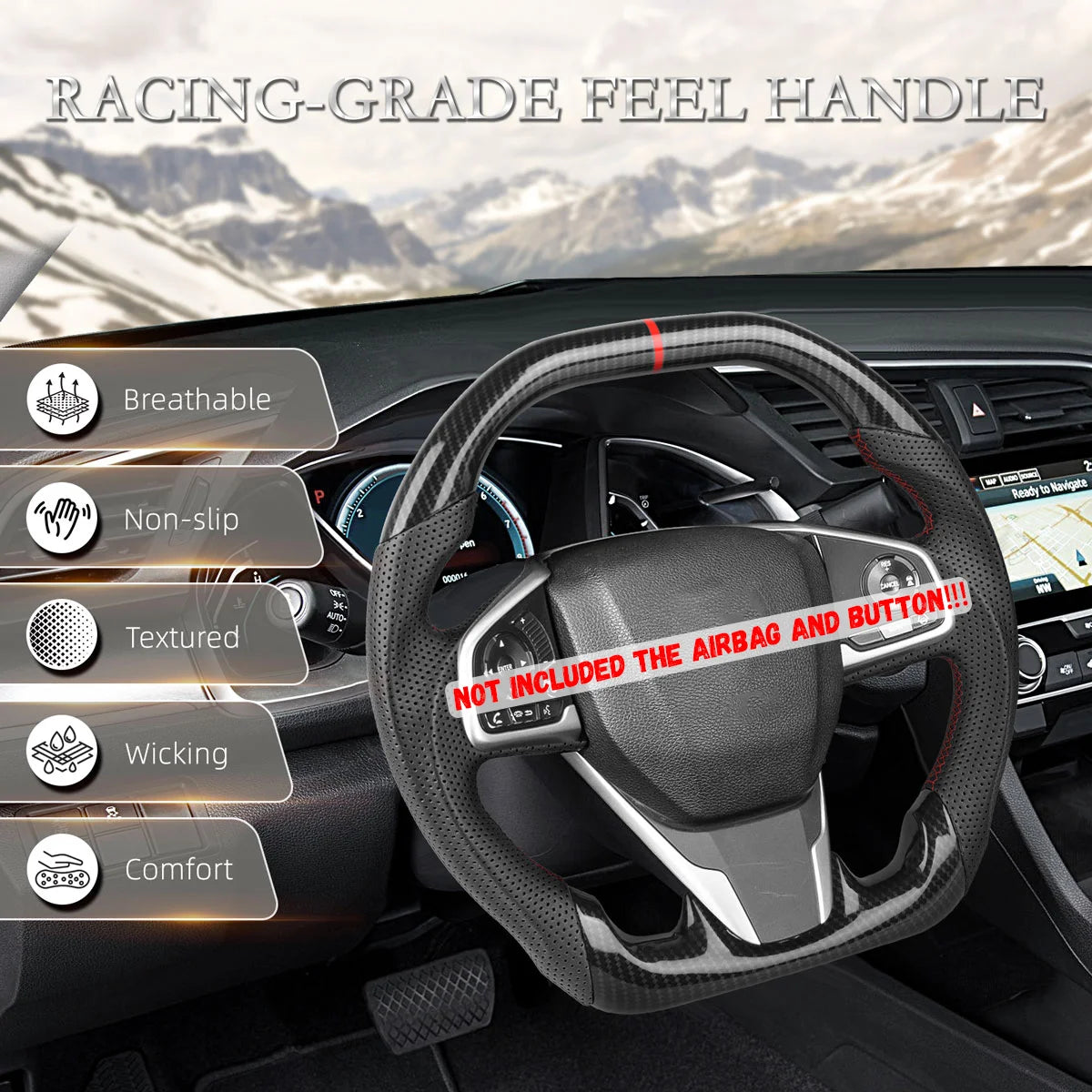 Hydro Dip Carbon Fiber Steering Wheel For Honda Civic 10th Type-R FK8 2016 2017 2018 2019 2020 Perforated Leather Racing Wheel