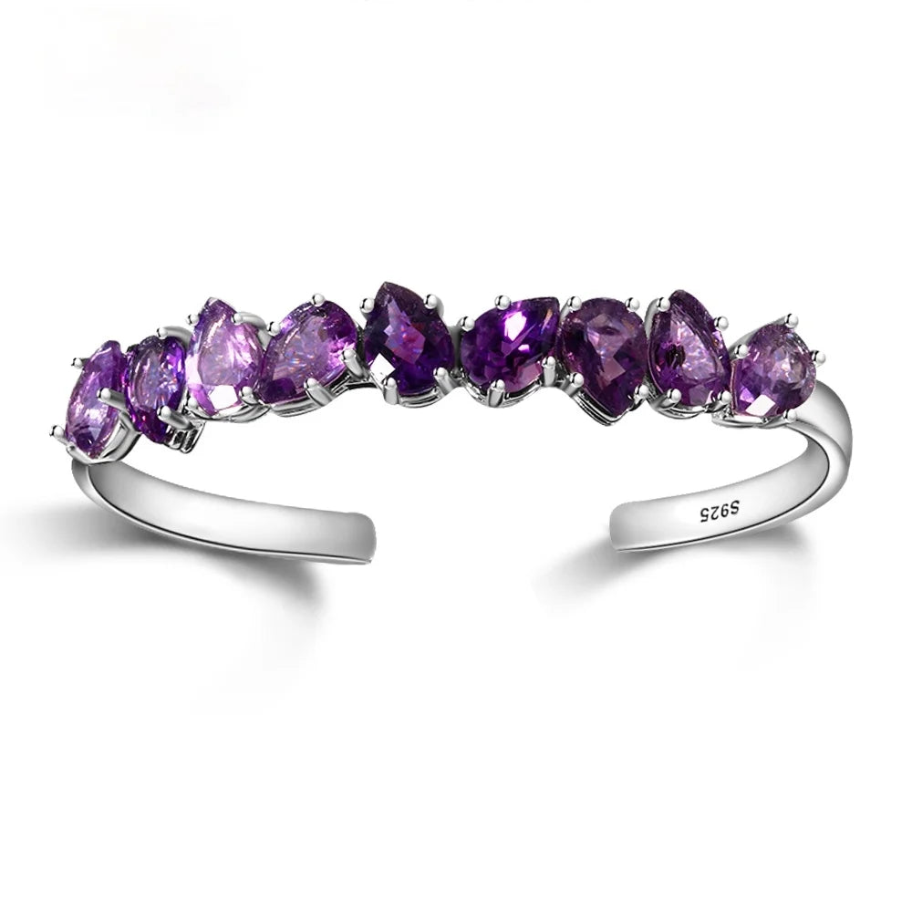 925 Sterling Silver Adjustable Bangle for Women Water Drop Pear Amethyst Bracelet Purple Wedding Party Fine Jewelry Gift