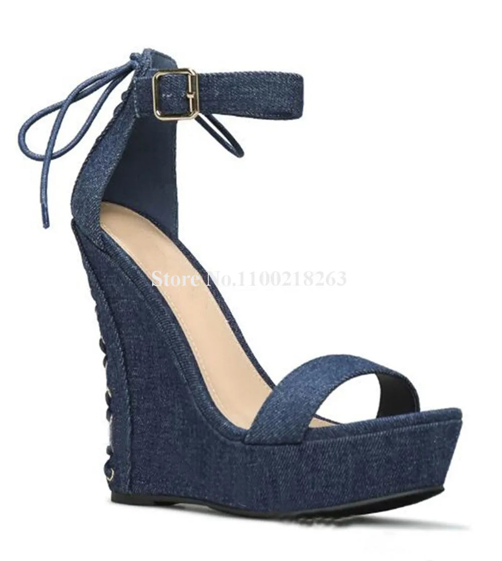 Women Summer Fashion High Platform Wedge Sandals Black Red Blue Open Toe Back Lace-up Ankle Strap High Heel Wedges Big Size