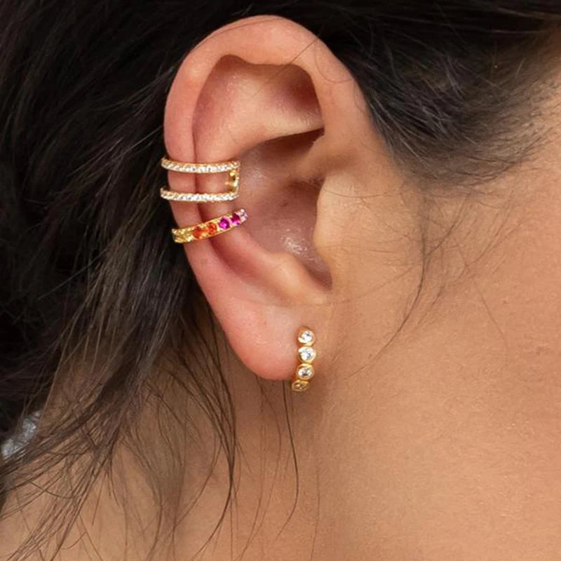 1PC Pave Color Crystal Ear Cuff Gold Metal Ear Clip for Women Adjustable C Shape Without Piercing Cuff Earring Fashion Jewelry