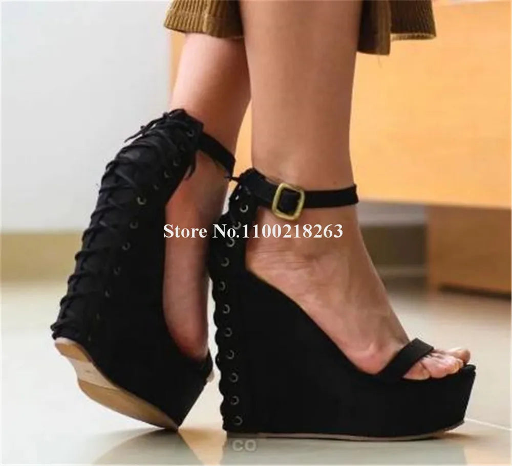 Women Summer Fashion High Platform Wedge Sandals Black Red Blue Open Toe Back Lace-up Ankle Strap High Heel Wedges Big Size