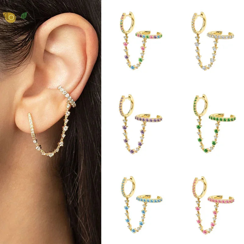 YUXINTOME 1PC 925 Sterling Silver Ear Needle Colorful Zircon Chain Tassel Hoop Earrings for Women Two Holes Earring Jewelry A45