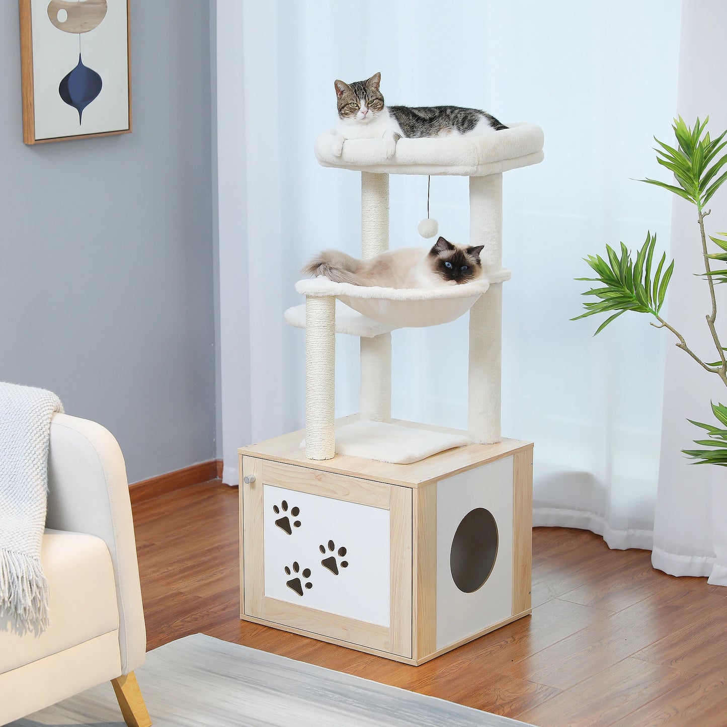 Cat Tree with Litter Box Enclosure Modern Cat Tower Wood with Super Large Hammock Cat Condo with Cat Scratching Posts Top Perch