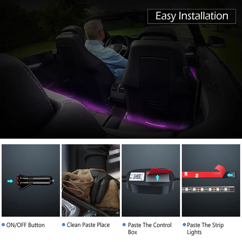 Car Interior Ambient Foot Light Neon LED Strip Light With Remote Music App Control Auto RGB LED Light Kit Accessories