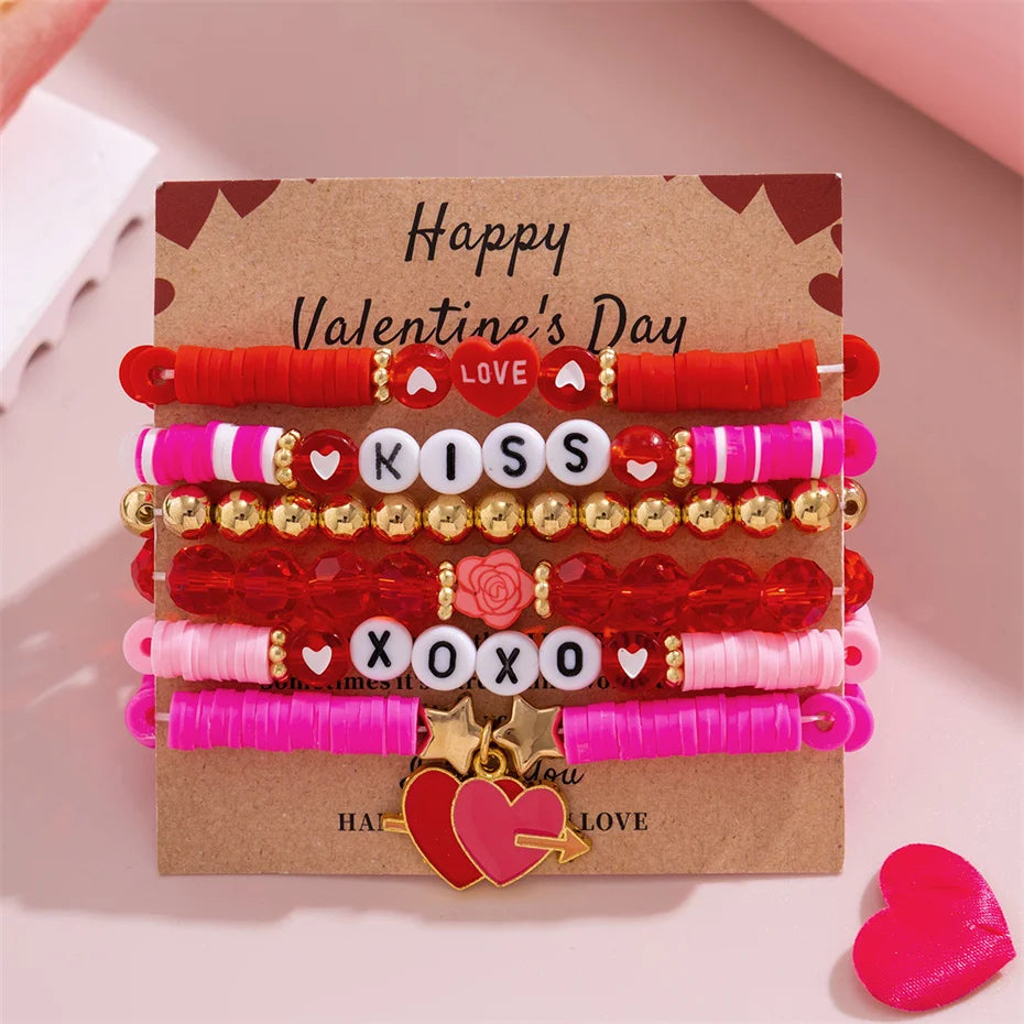 Happy Valentine's Day Card Colorful Polymer Clay Soft Chain Bracelets for Women Kpop Two Heart Bangles Couple Friends Jewelry