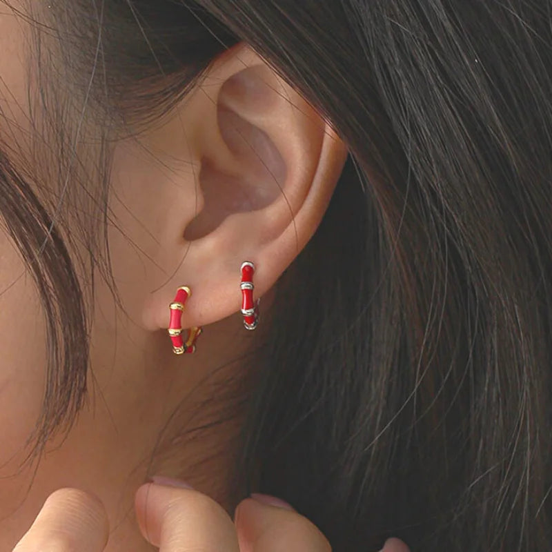 925 Sterling Silver Ear Needle Fashion Rose Red Hoop Earrings for Women Red Enamel Star/Heart Pendant Earrings Luxury Jewelry