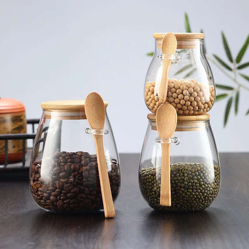 1/3pcs Transparent Glass Jars With Bamboo Lid Hermetic Pot Coffee Tea Sugar Food Storage Box Coffee Containers Kitchen Organizer
