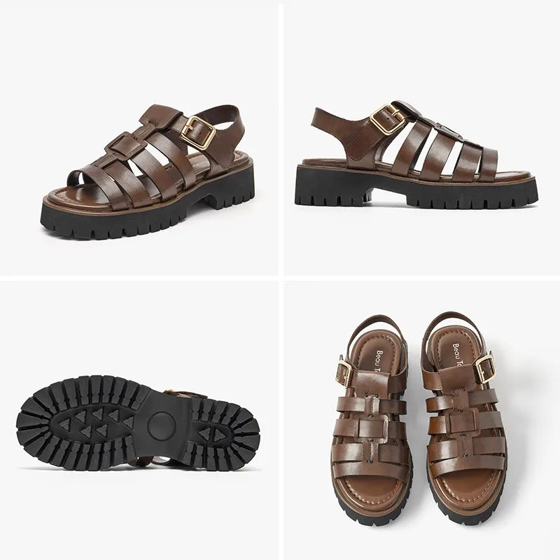 BeauToday Gladiator Sandals Women Cow Leather Open Toe Slingback Metal Buckle Strap Platform Casual Summer Female Shoes 38207
