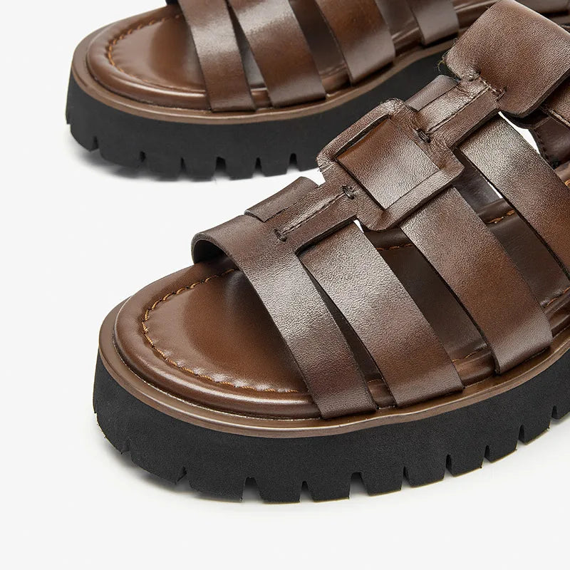 BeauToday Gladiator Sandals Women Cow Leather Open Toe Slingback Metal Buckle Strap Platform Casual Summer Female Shoes 38207