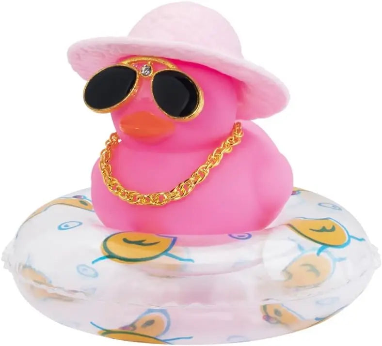 Car Duck Ornament Dashboard Decorations Rubber Duck Car for Car Dashboard Accessories with Swim Ring Sunglasses Hat and Necklace