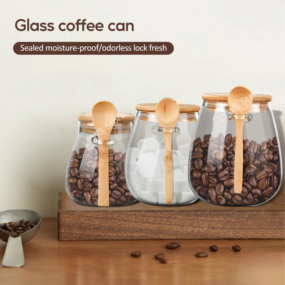 1/3pcs Transparent Glass Jars With Bamboo Lid Hermetic Pot Coffee Tea Sugar Food Storage Box Coffee Containers Kitchen Organizer