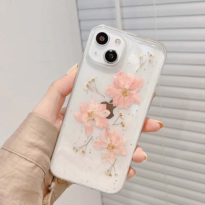 Korea Glitter Dried Floral Phone Case For iphone 15 14 13 12 11 Pro Max X XS XR 7 8 Mini Plus Cute Girl Epoxy Clear Soft Cover