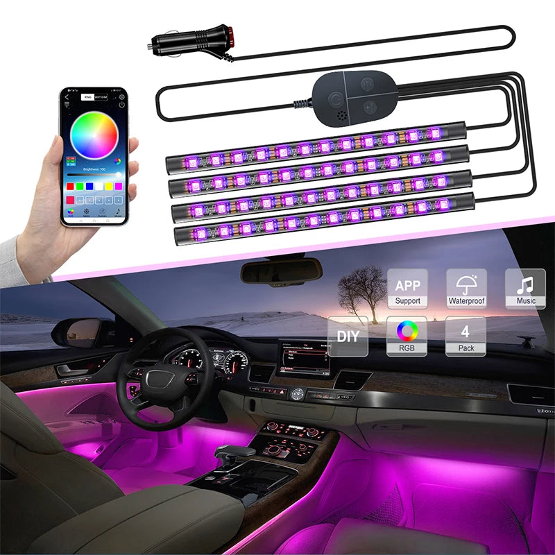 Car Interior Ambient Foot Light Neon LED Strip Light With Remote Music App Control Auto RGB LED Light Kit Accessories