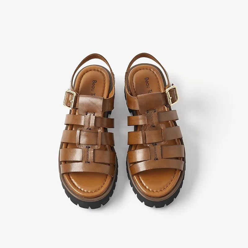 BeauToday Gladiator Sandals Women Cow Leather Open Toe Slingback Metal Buckle Strap Platform Casual Summer Female Shoes 38207