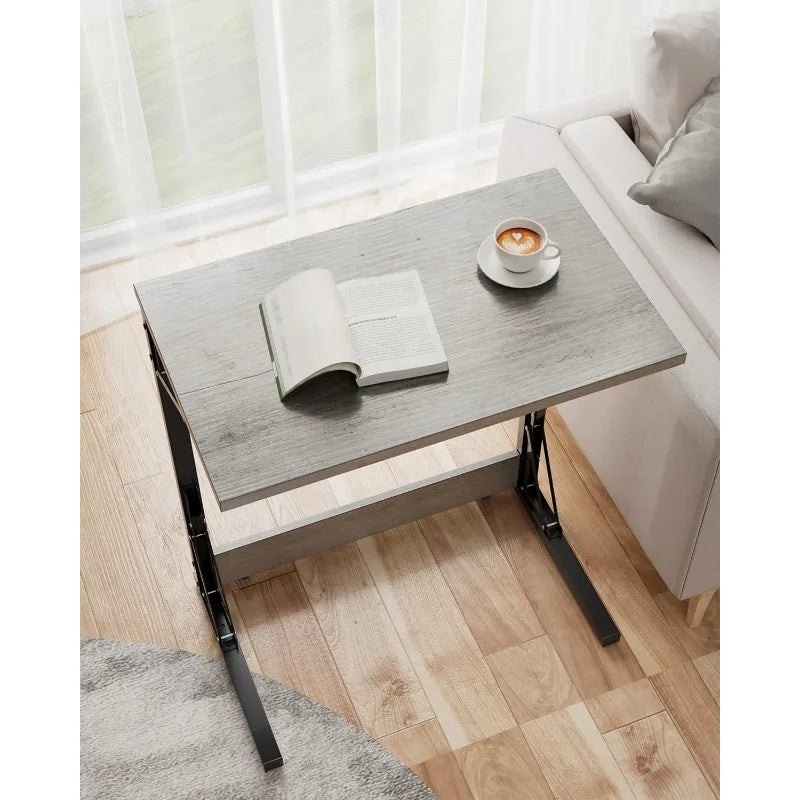 24" Wide Folding C-Shaped End Table, Small Side Desk for Couch, Sofa TV Tray Table with Metal Frame for Living Room, Bedroom,