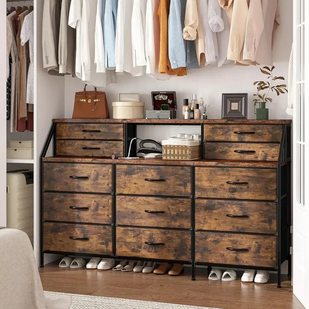 Bedroom Dresser with 13 Large Drawer, Dressers & Chests of Drawers, Dressers with 2 Shelves, Wooden Top Metal Frame Rustic Brown