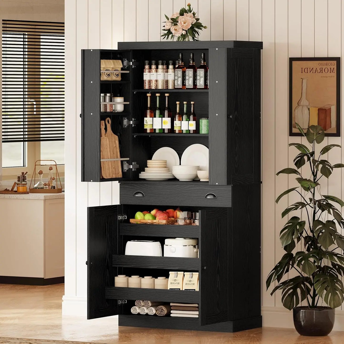 Kitchen Pantry Cabinet Freestanding Cupboard with Drawer, Sliding Storage Rack, and 6 Hanging Shelves