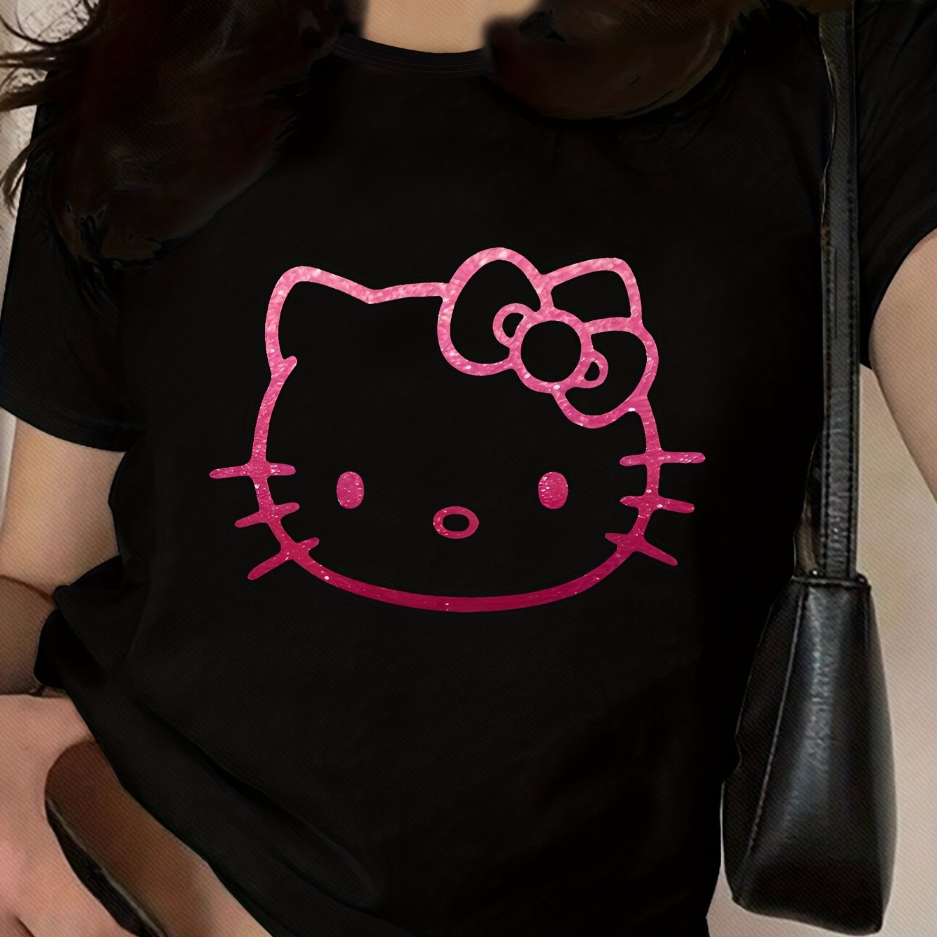 Sanrio Hello Kitty Cute Cartoon Print Women's Short Sleeve T-Shirt - Soft Polyester Blend, Round Neck, Machine Washable, White with Pink Graphic Design, Perfect for Spring/Summer Casual Wear