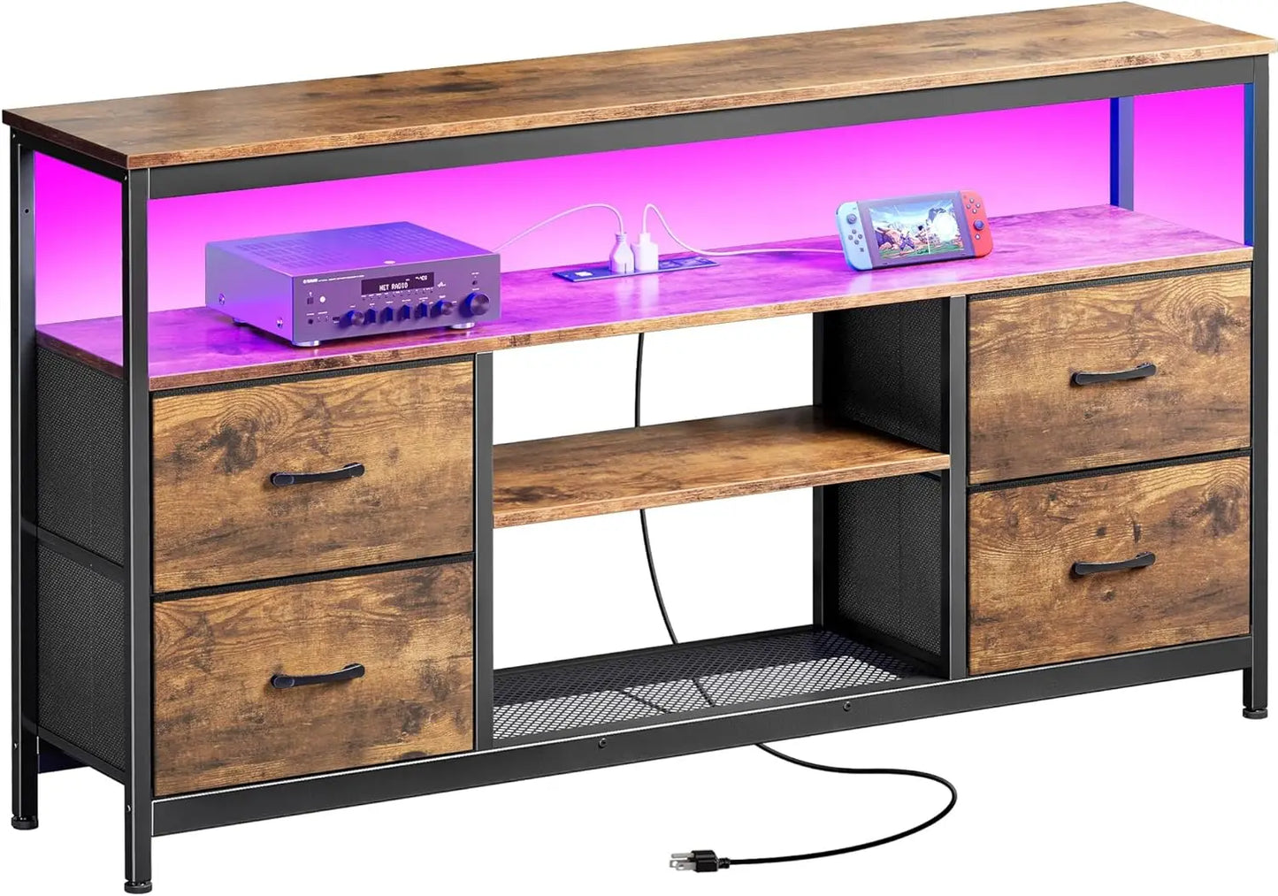 TV Stand Dresser with Power Outlets and LED Lights, 4 Drawers Entertainment Center with Open Shelf, Media Console for 50