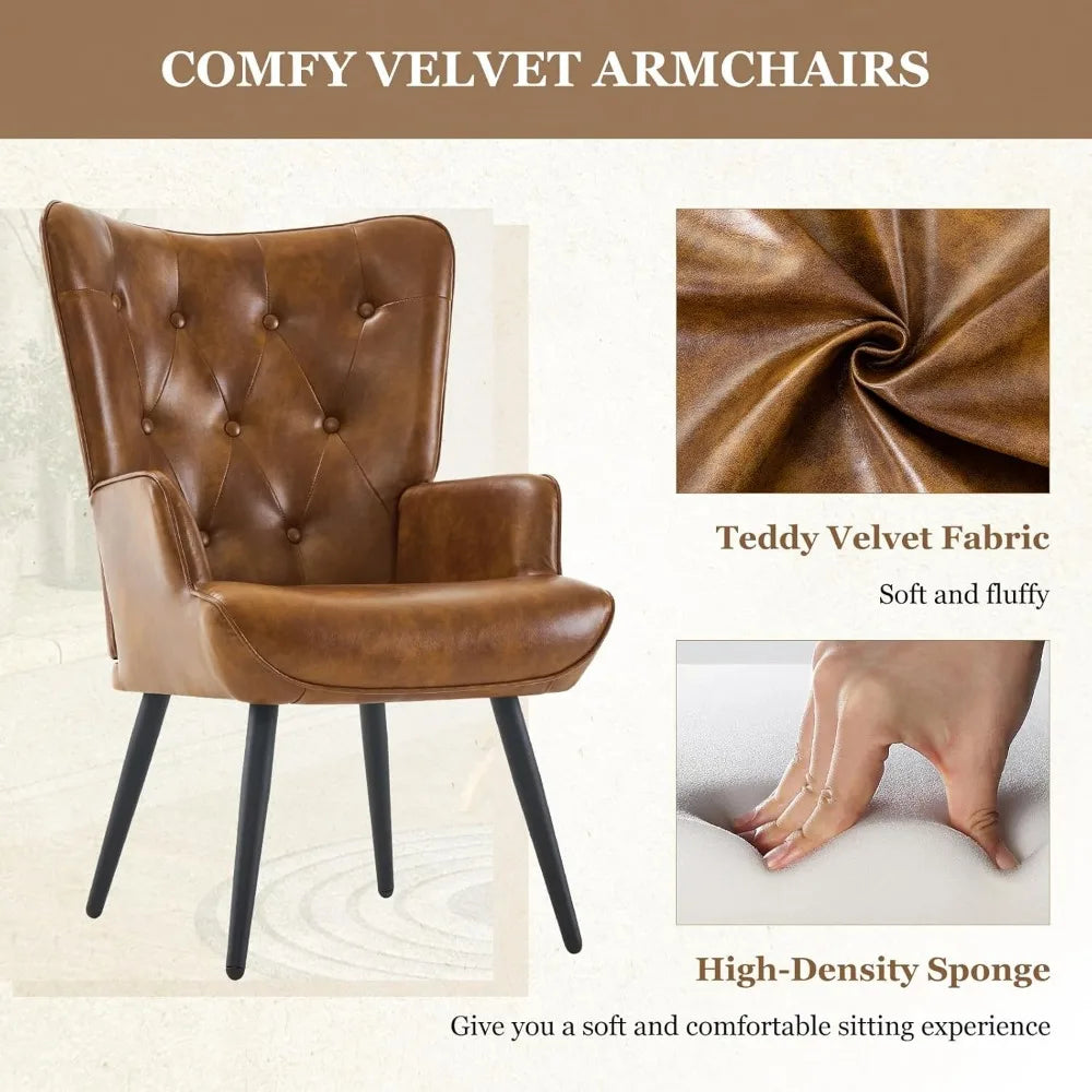 Accent Chairs Set of 2, PU Leather Armchair with High Backrest, Wingback Corner Chair, Mid Century Modern Chair