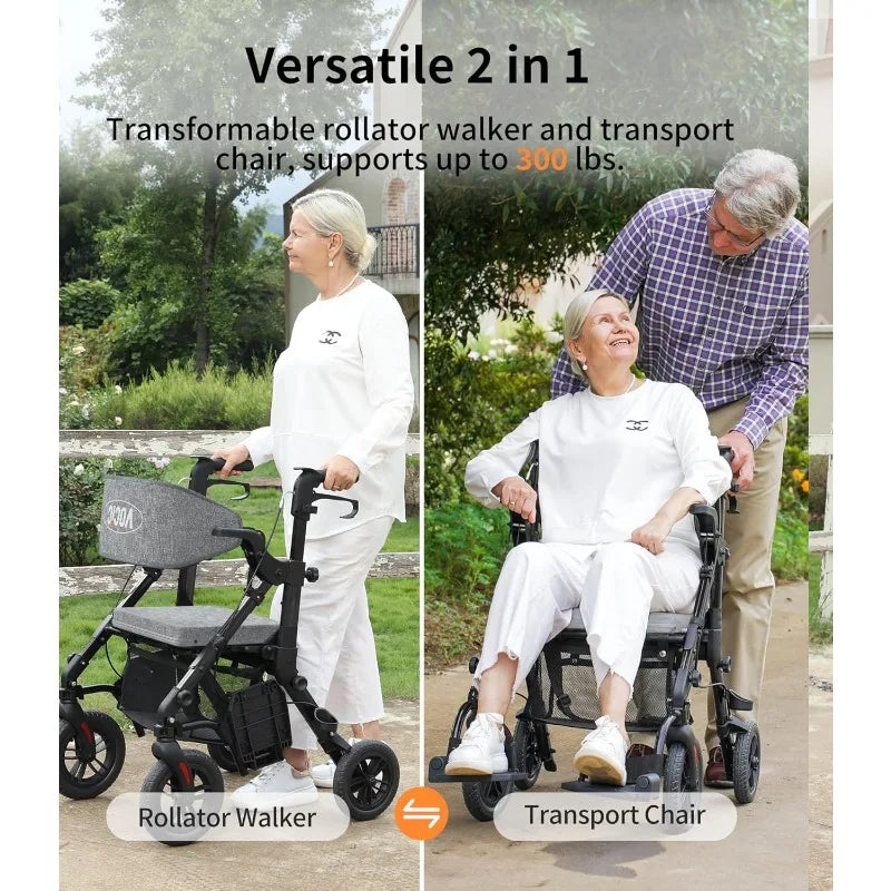 VOCIC 2 in 1 Rolling Walker Chair with Brakes & Pouch for Seniors, Lightweight Foldable Wheelchair, Adult Walkers All Terrain