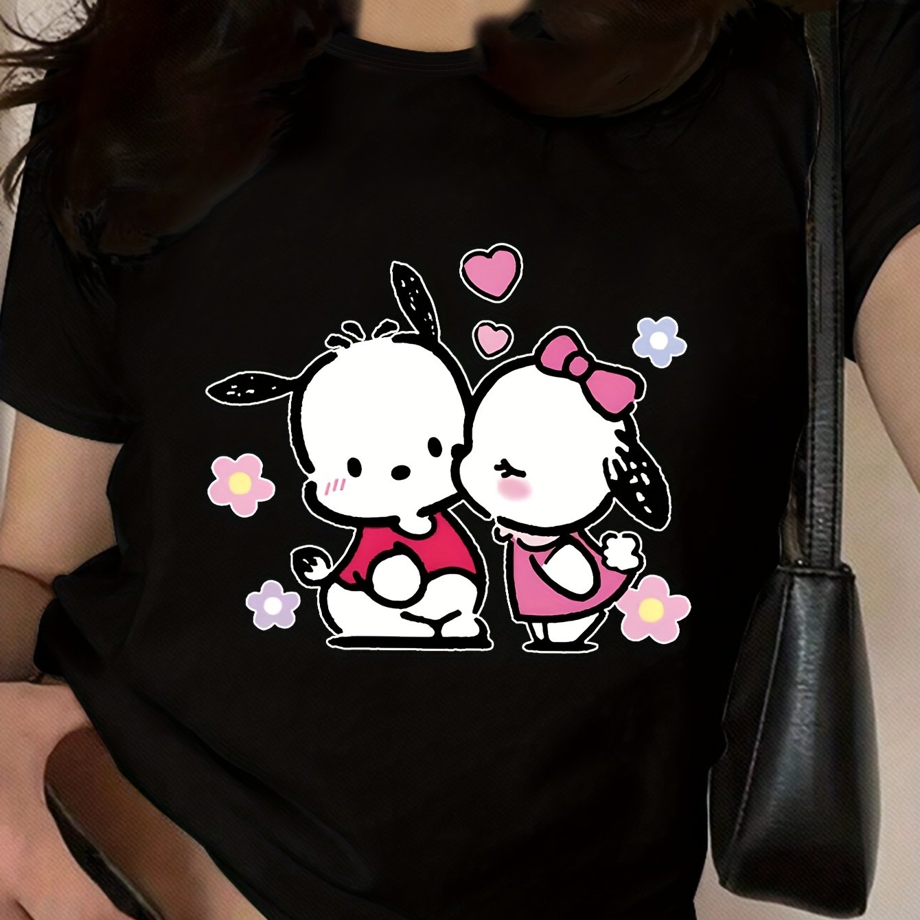 Sanrio Hello Kitty Pochacco Cute Cartoon Print Women's T-Shirt - Black Casual Round Neck Tee with Heart & Flower Design, Soft Polyester Blend for Spring/Summer, Hello Kitty Shirt